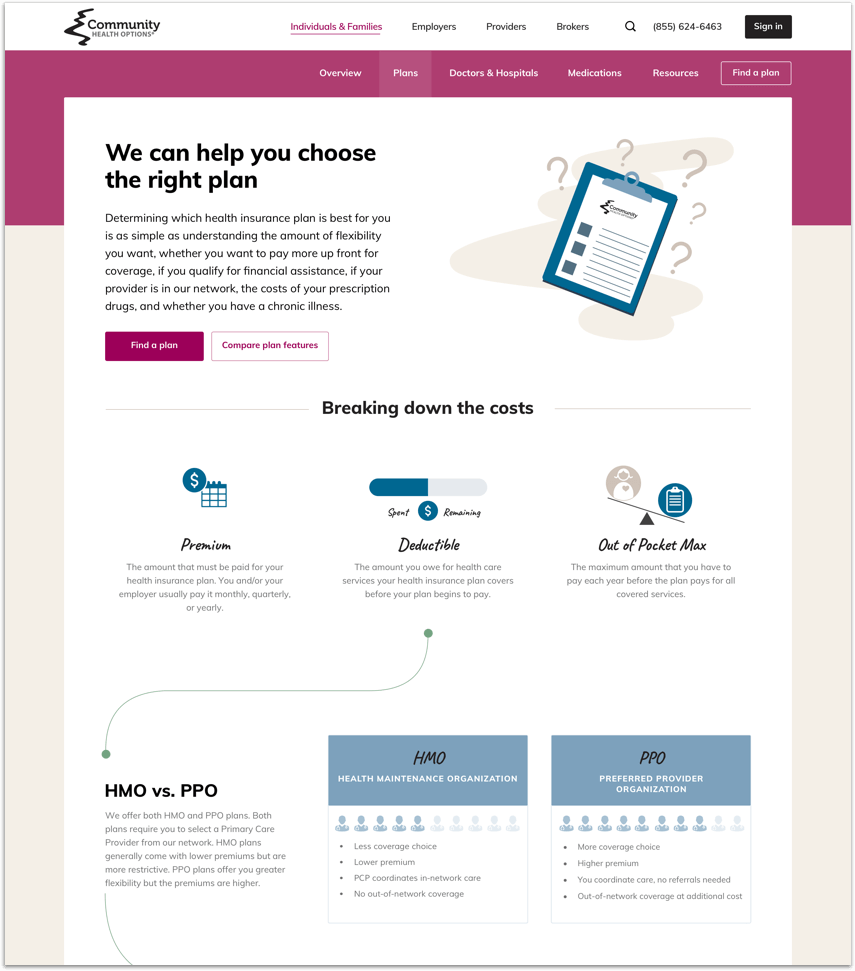 Community Health Options website: Choose your plan page